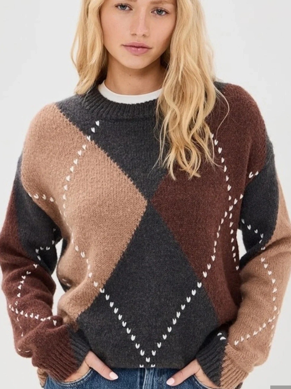 Little Lies Argyle Knit Sweater Chocolate Brown Sz M/L - EUC